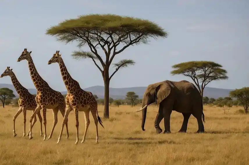 Symbolbild einer afrikanischen Savanne mit drei Giraffen und einem Elefanten unter Akazienbäumen – Darstellung für Safari und Stammeskultur in Tansania.
